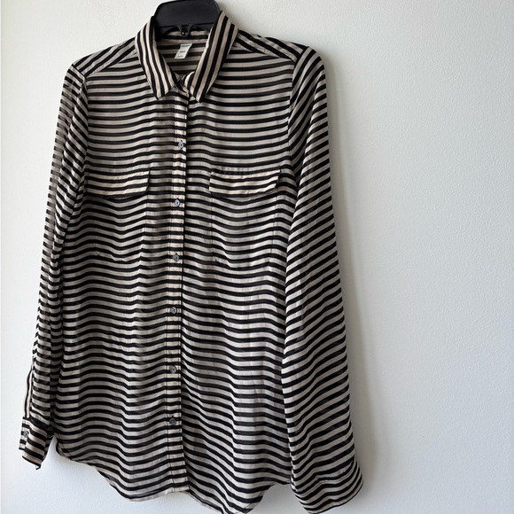Old Navy Button Up Top Stripe Black Beige Pocket Sheer Women M Minimalist Office - Picture 3 of 11